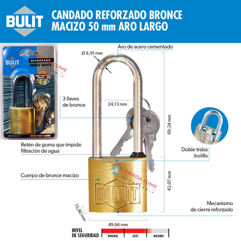 Candado 50MM Largo Acero Niquelado Doble Traba - 4 Llaves