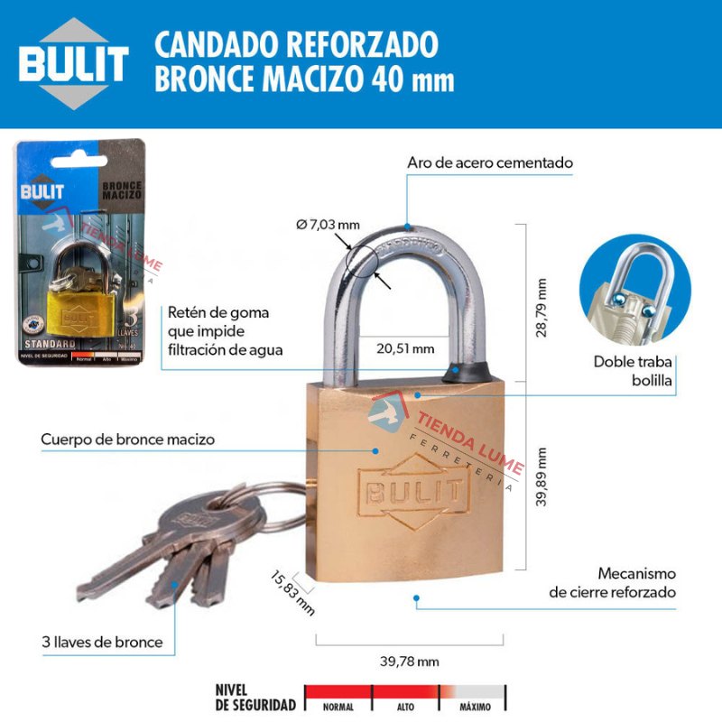Candado 40MM Bronce Macizo - 3 Llaves